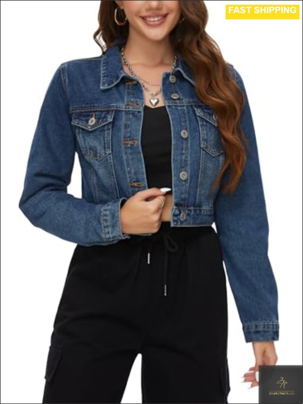PEIQI Women's Cropped Denim Jacket Button Down Long Sleeve 100% Cotton